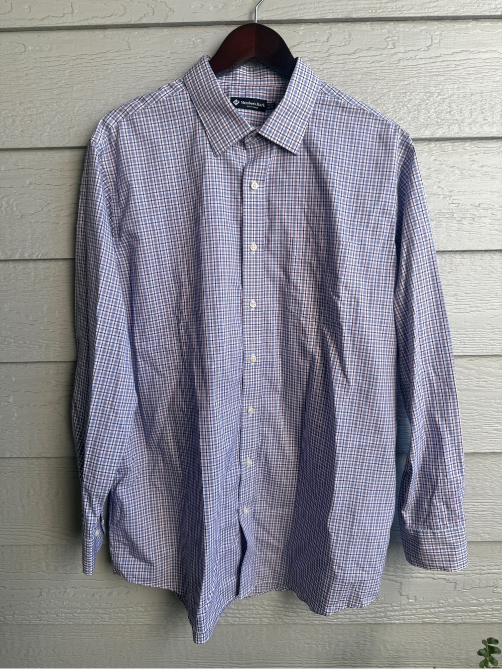 Member's Mark Blue Red Checked Dress Shirt Size 17-17.5 34-35 Long Sleeve
